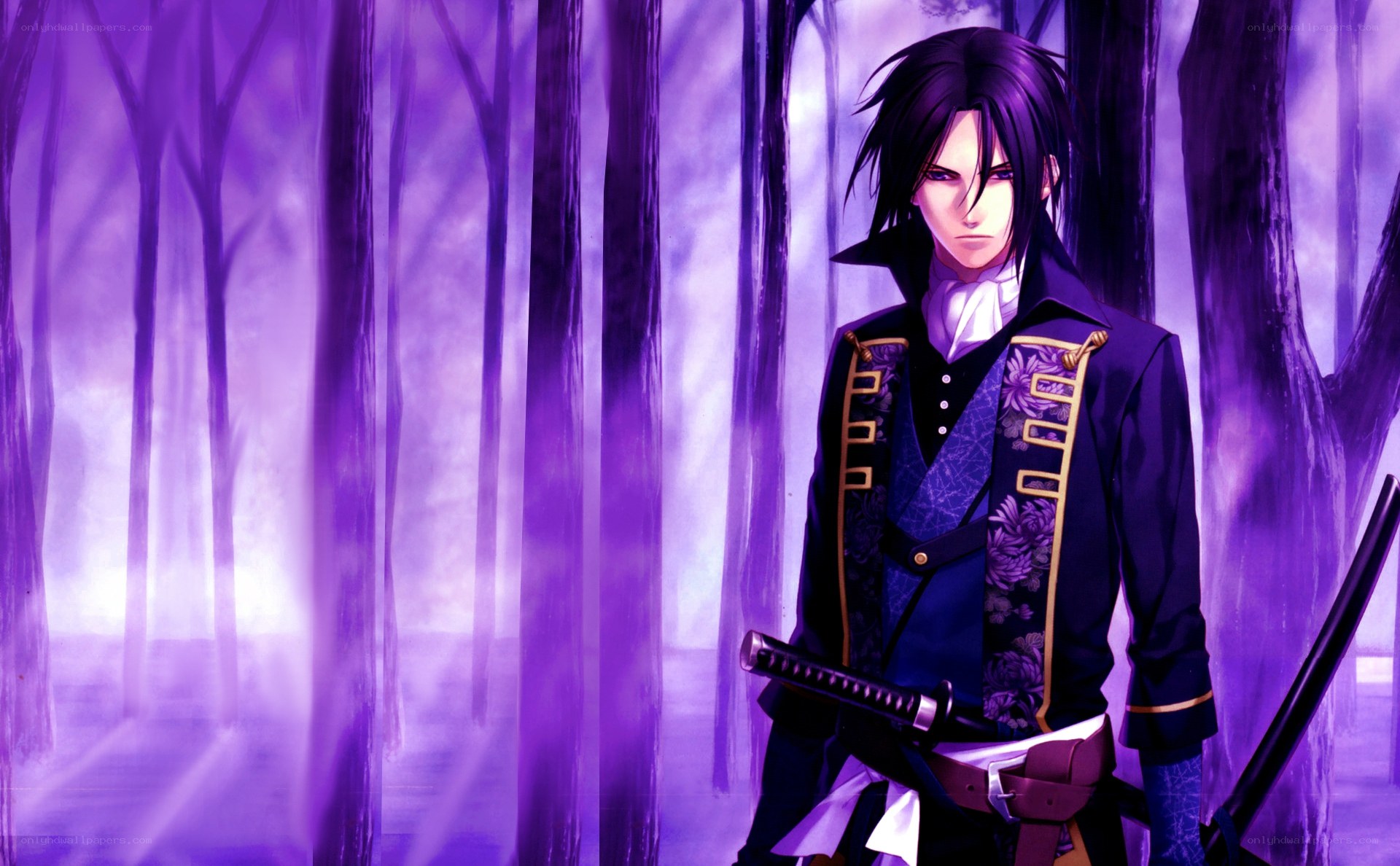 anime swordsman in purple forest