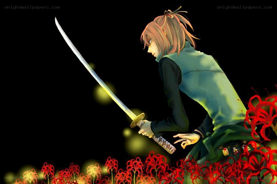 anime swordsman in red flowers