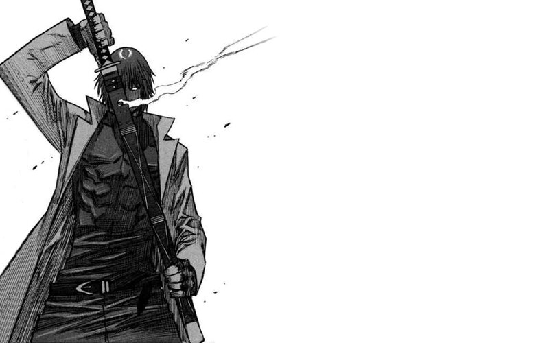 anime swordsman in trench coat