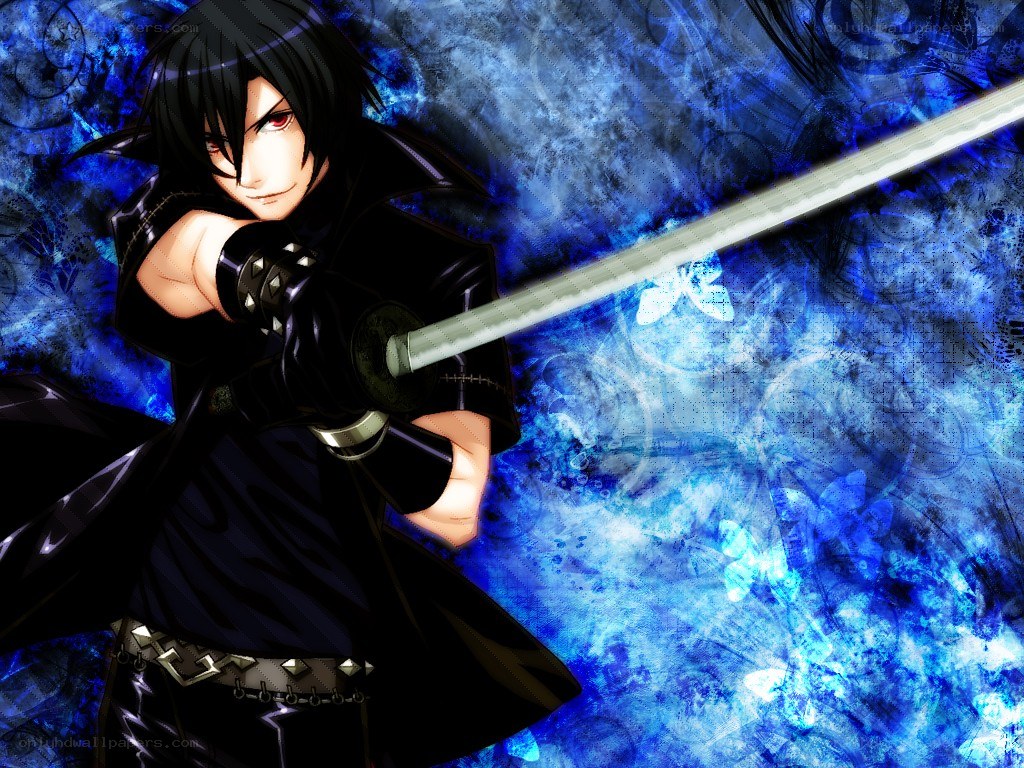 anime swordsman with blue background