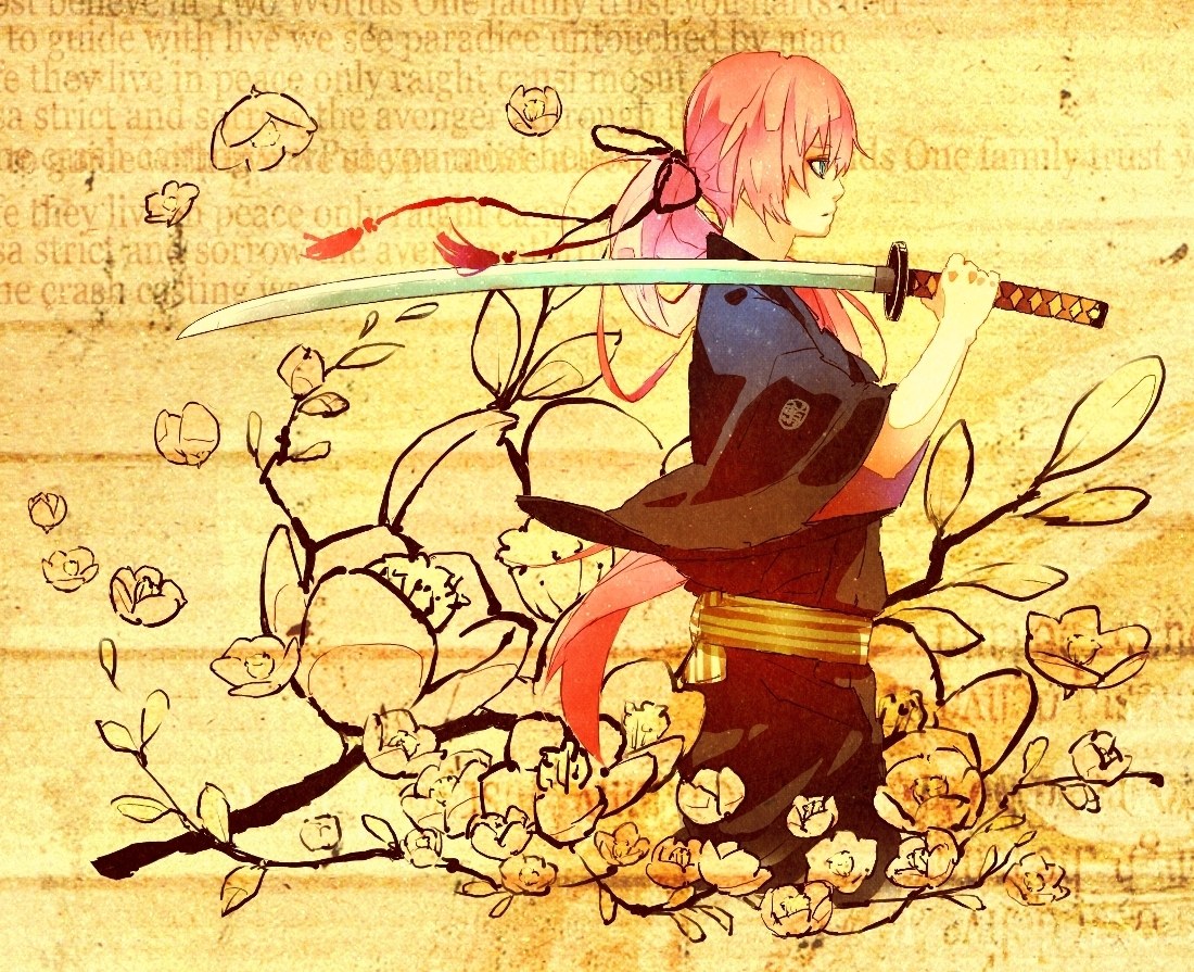 anime swordsman with cherry blossoms