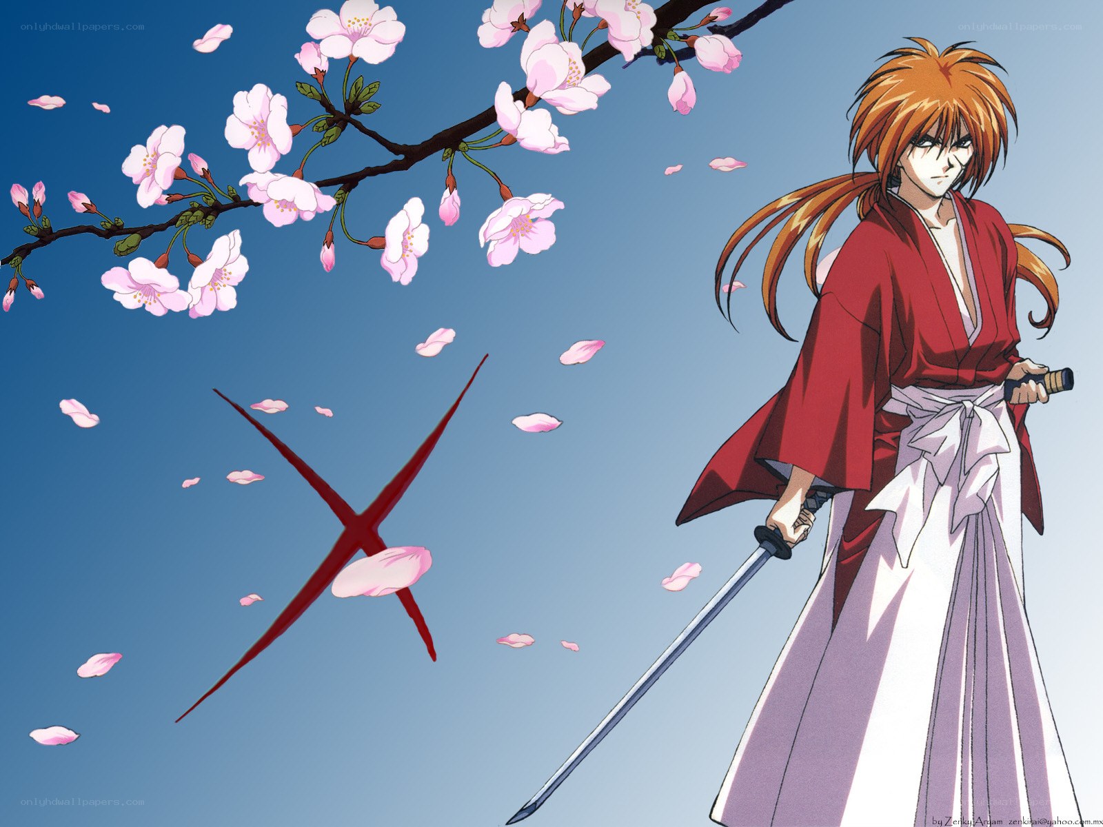 Anime swordsman with cherry blossoms