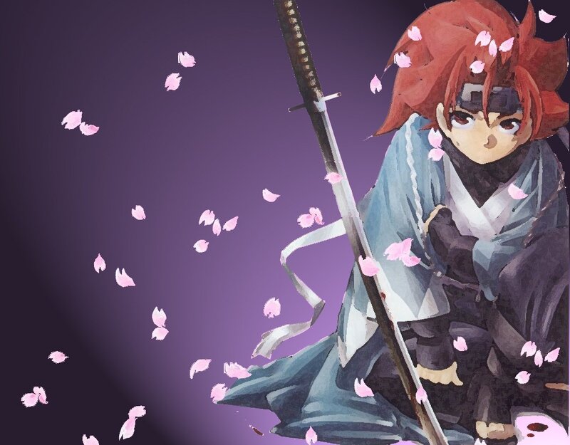Anime swordsman with cherry blossoms