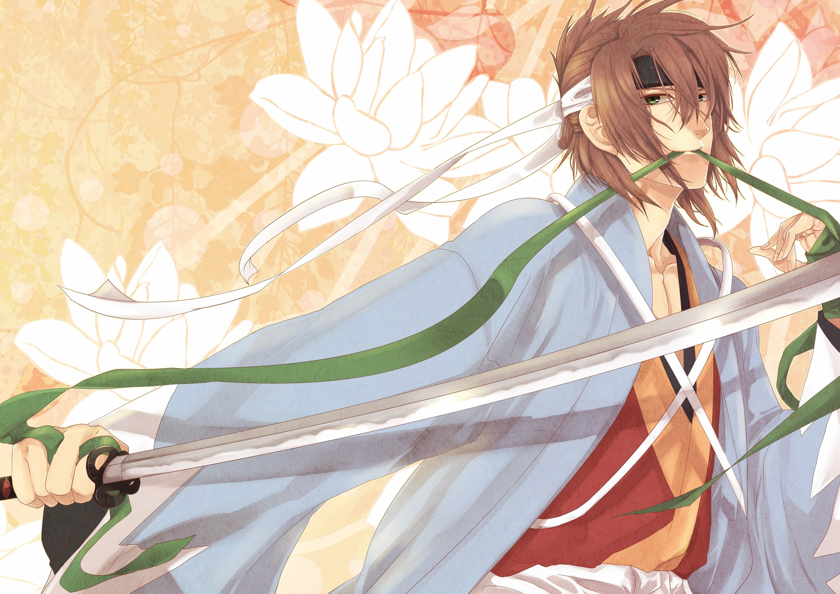 anime swordsman with green ribbon