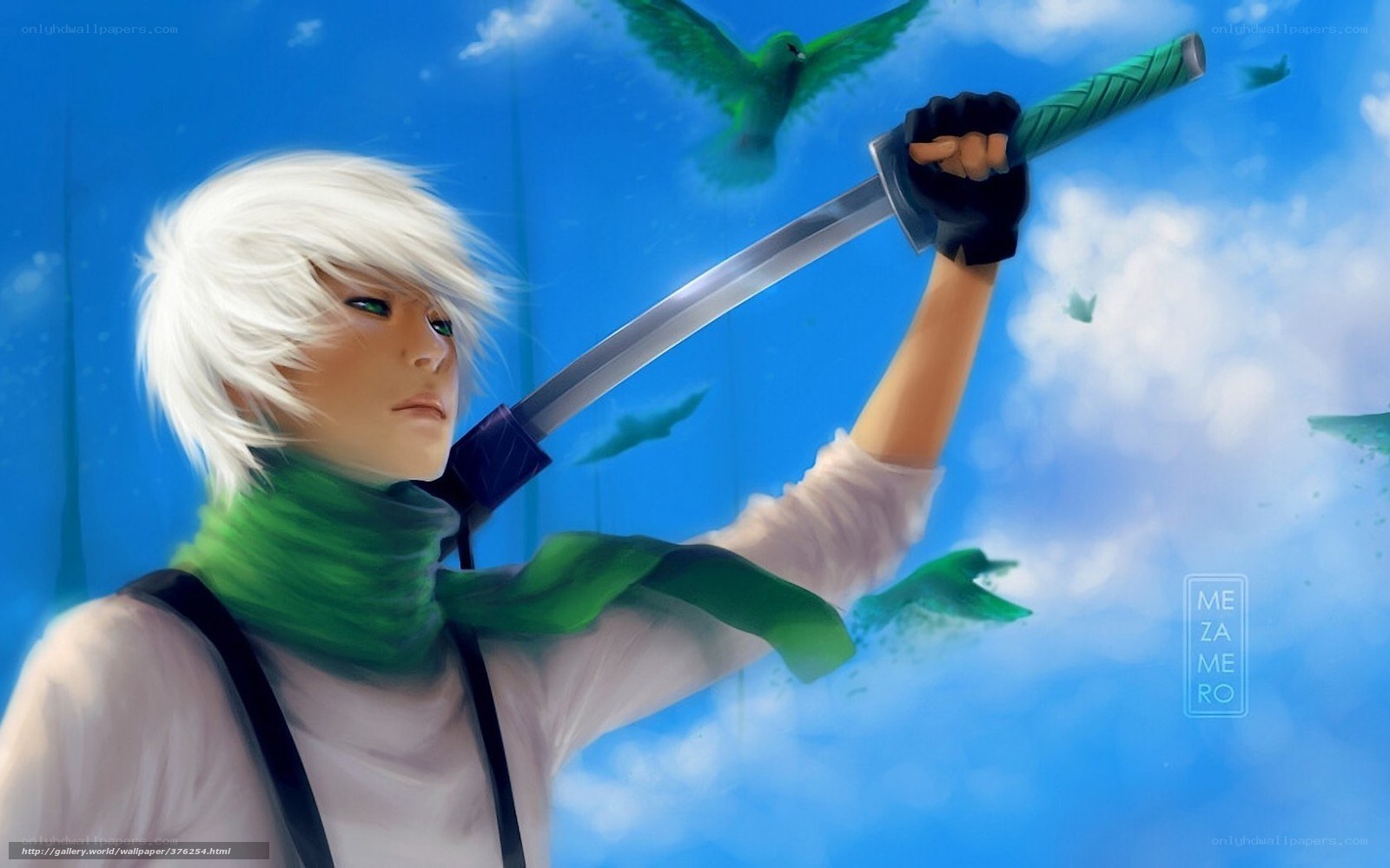anime swordsman with green scarf