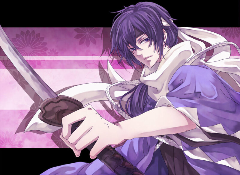 anime swordsman with purple hair