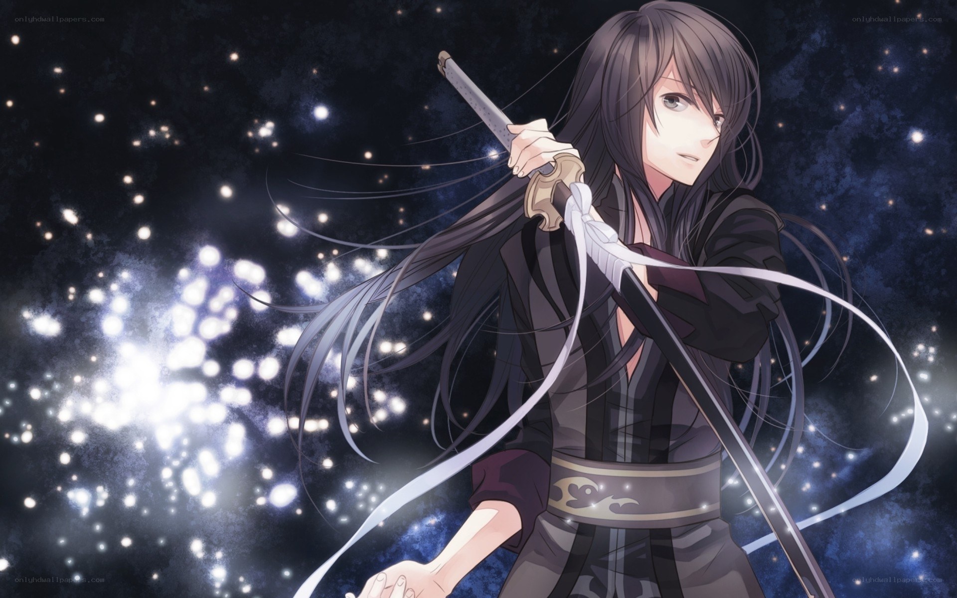 anime swordsman with starry background