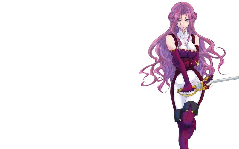anime swordswoman with purple hair