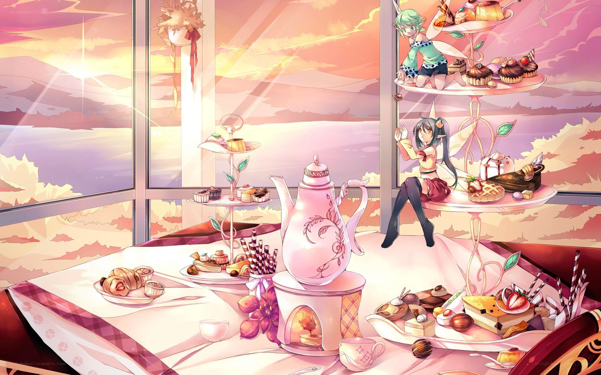 Anime tea party at sunset