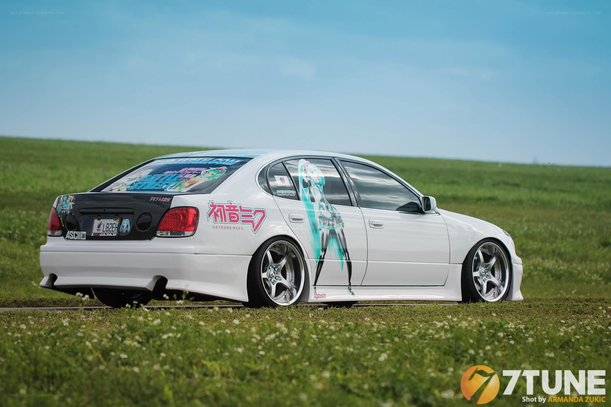 anime-themed car in a field