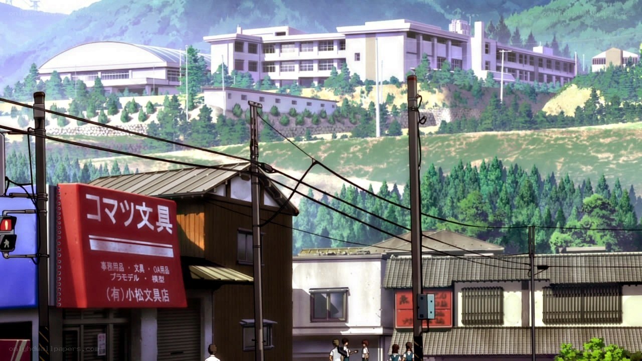 Anime town scene with school