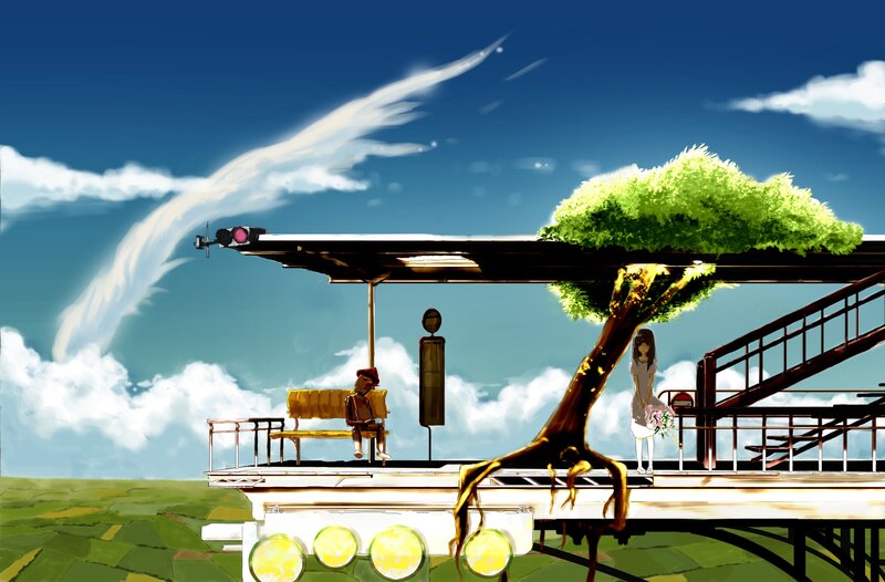 Anime train station with tree