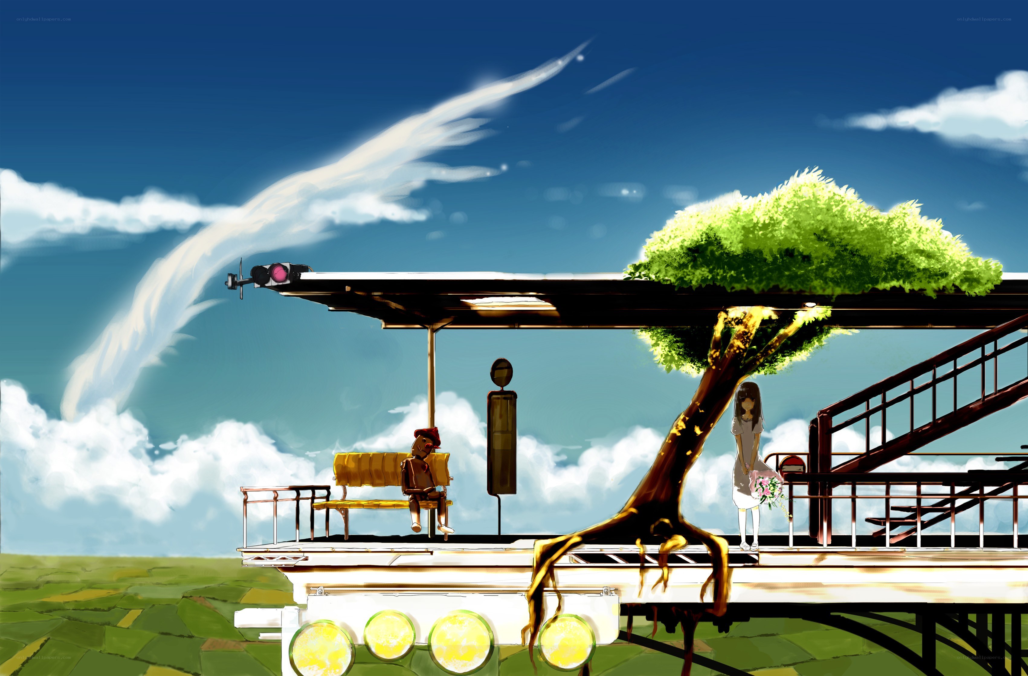 Anime train station with tree