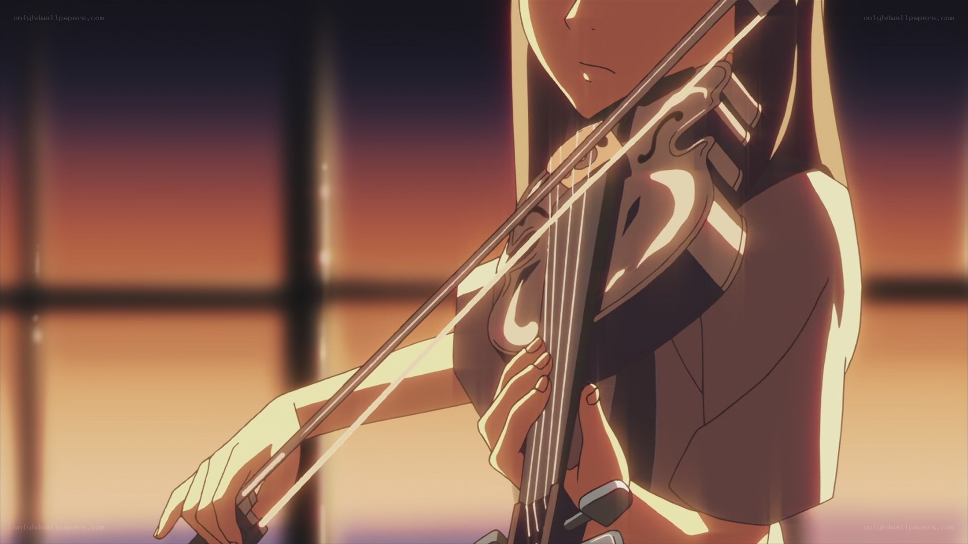 anime violinist at sunset