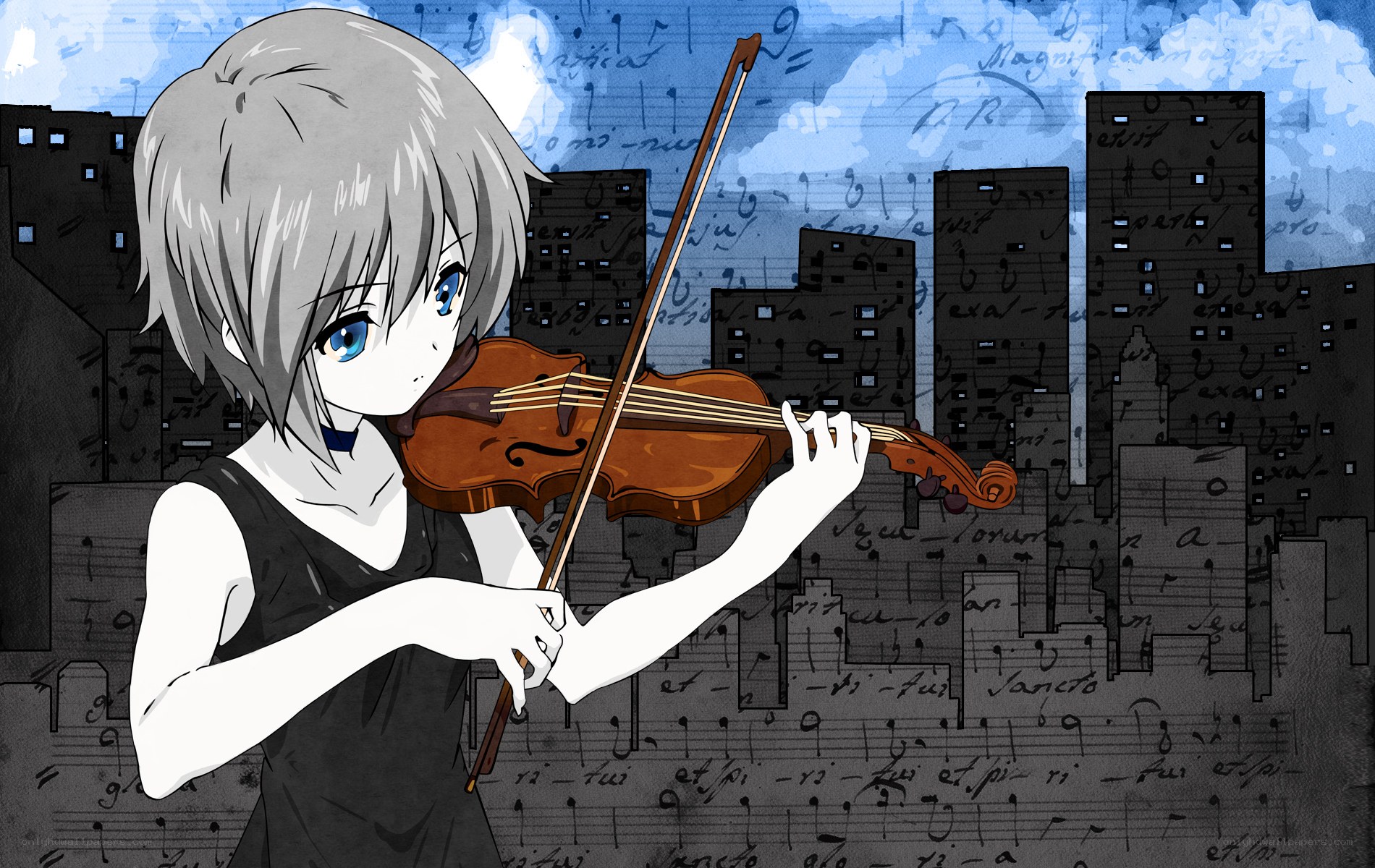 anime violinist in city