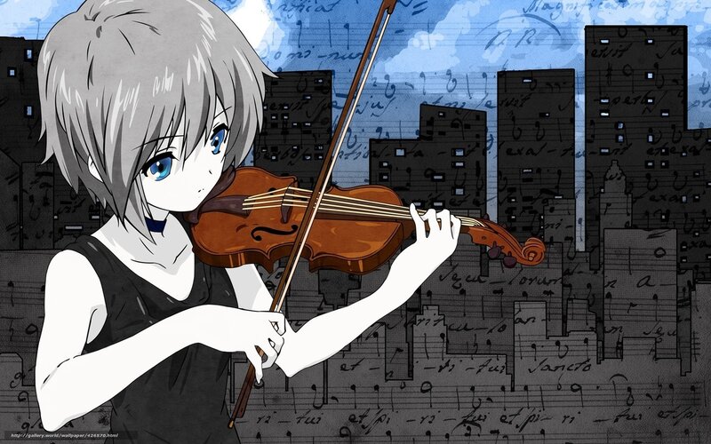 anime violinist in city