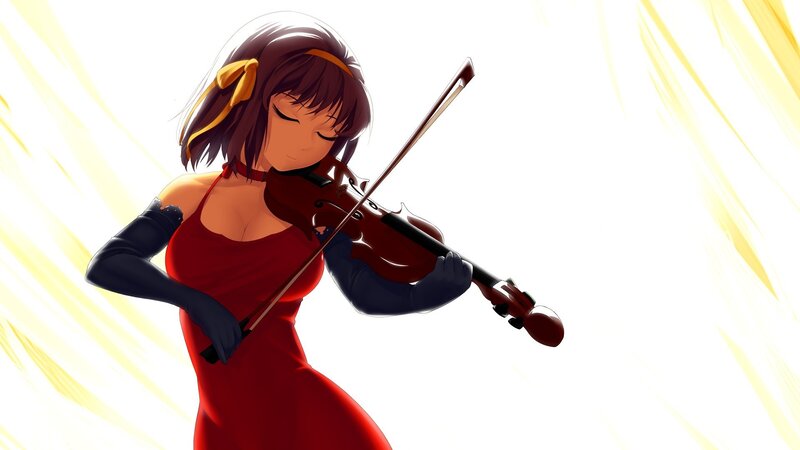 Anime violinist in red dress