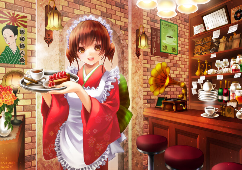 Anime Waitress Holding Tray — Red