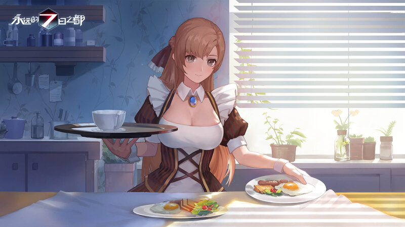Anime Waitress Serving Breakfast — Blue