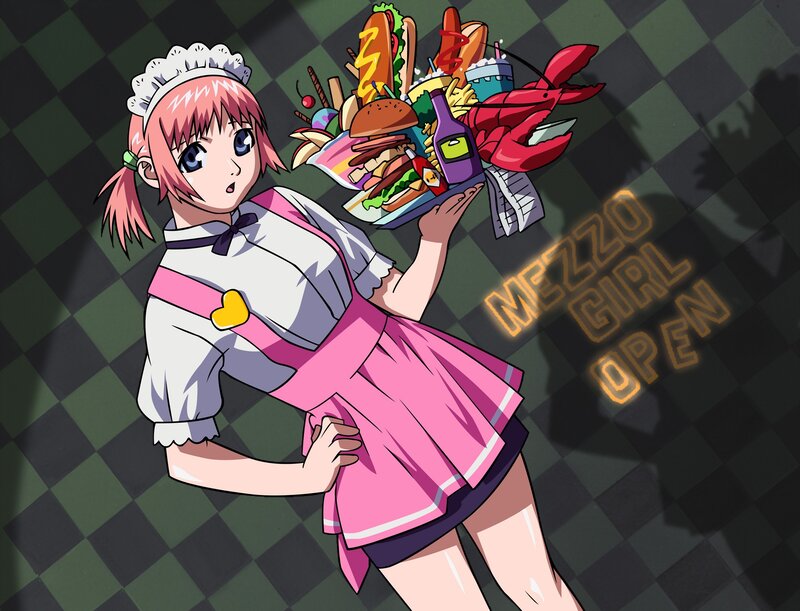 anime waitress with food tray