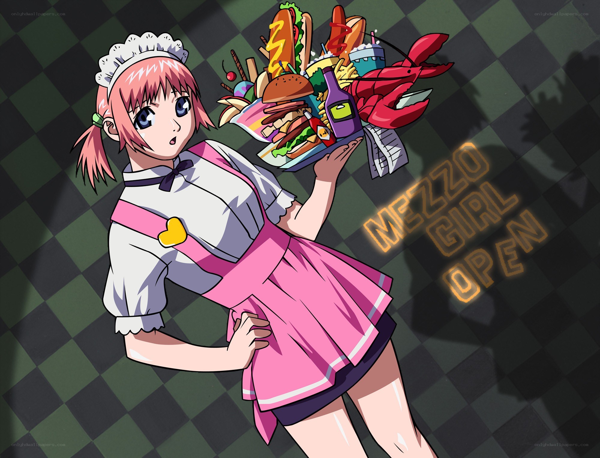 anime waitress with food tray
