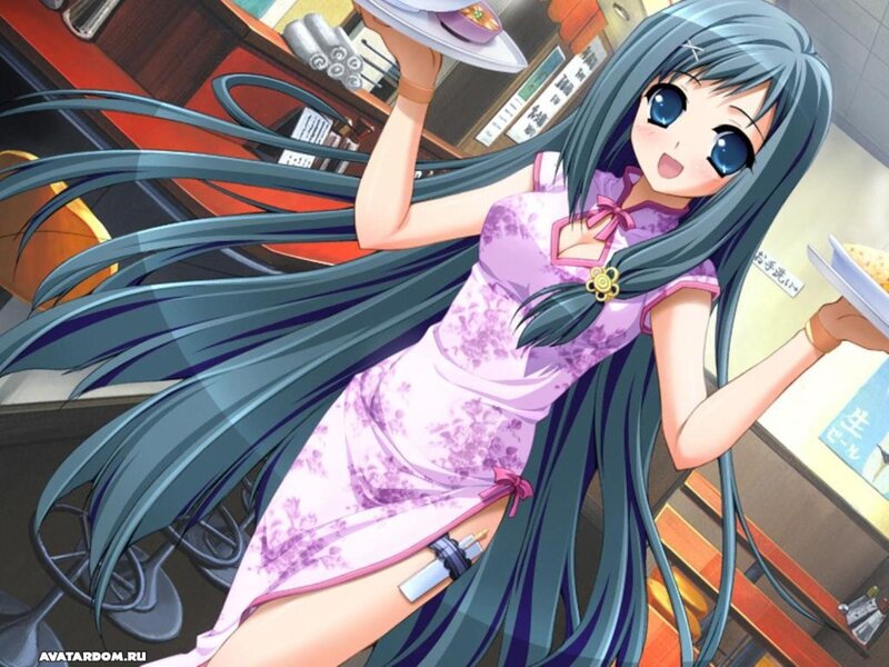 anime waitress with long hair