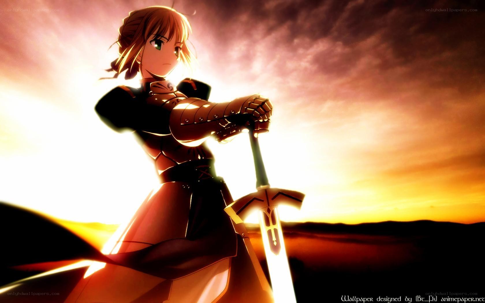 anime warrior at sunset