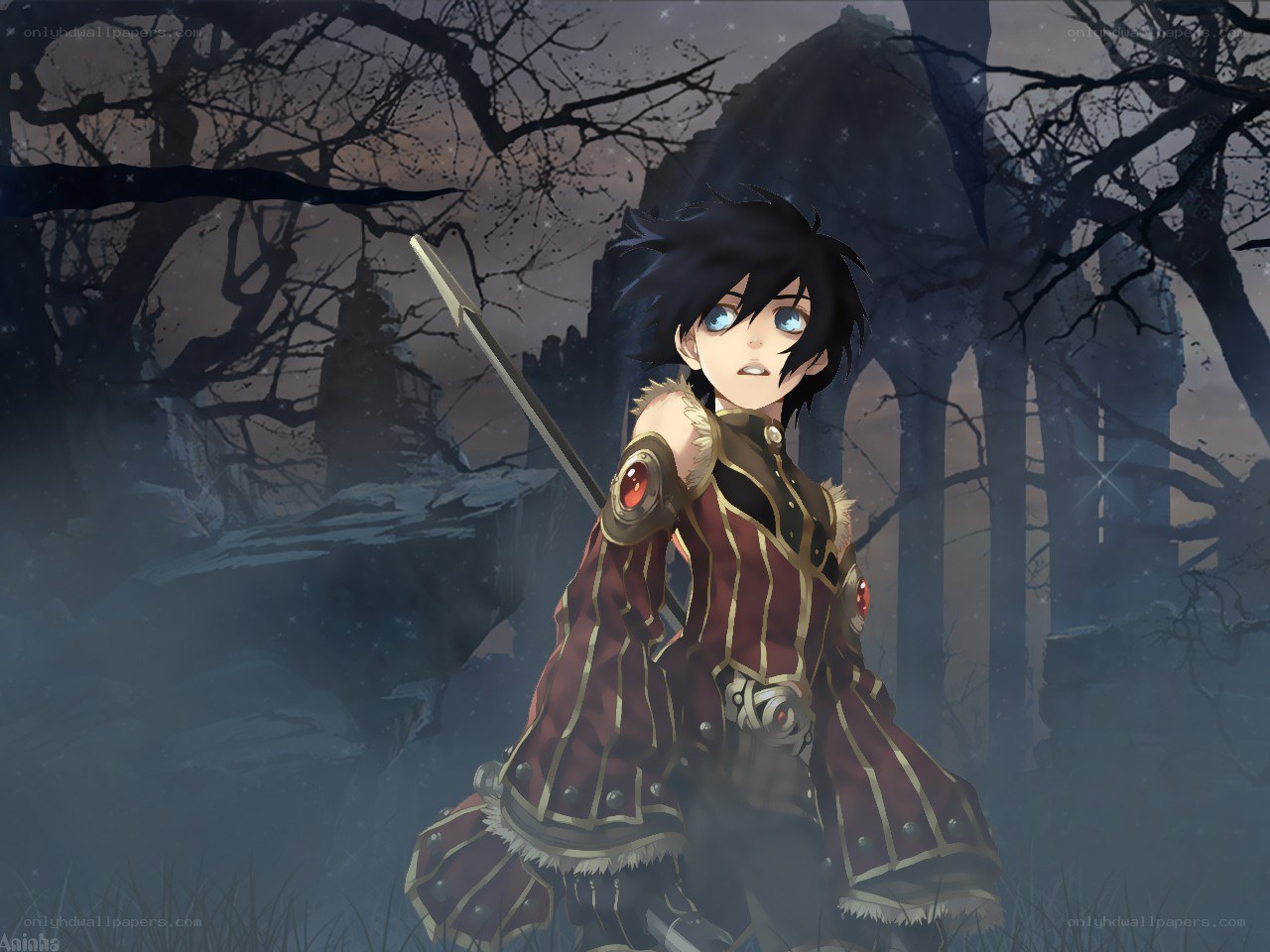 anime warrior in a dark forest