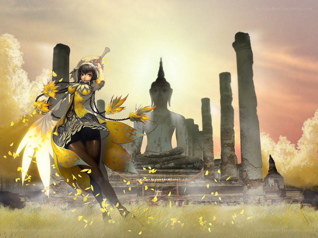 Anime warrior in ancient ruins