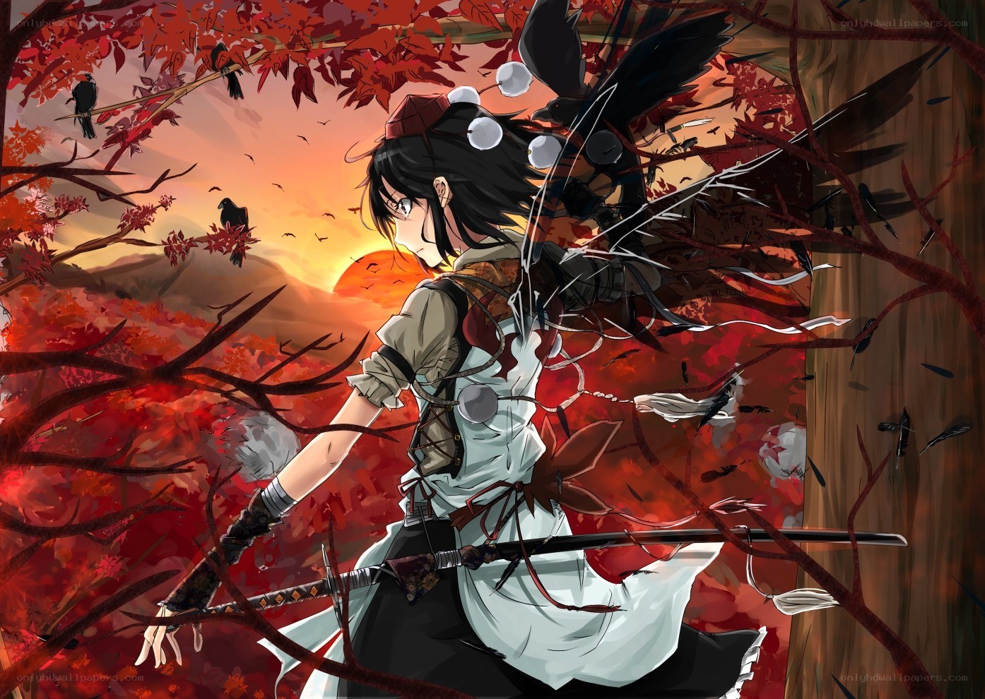 Anime warrior in autumn forest