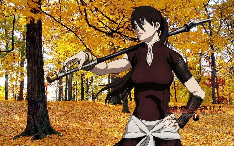 anime warrior in autumn forest