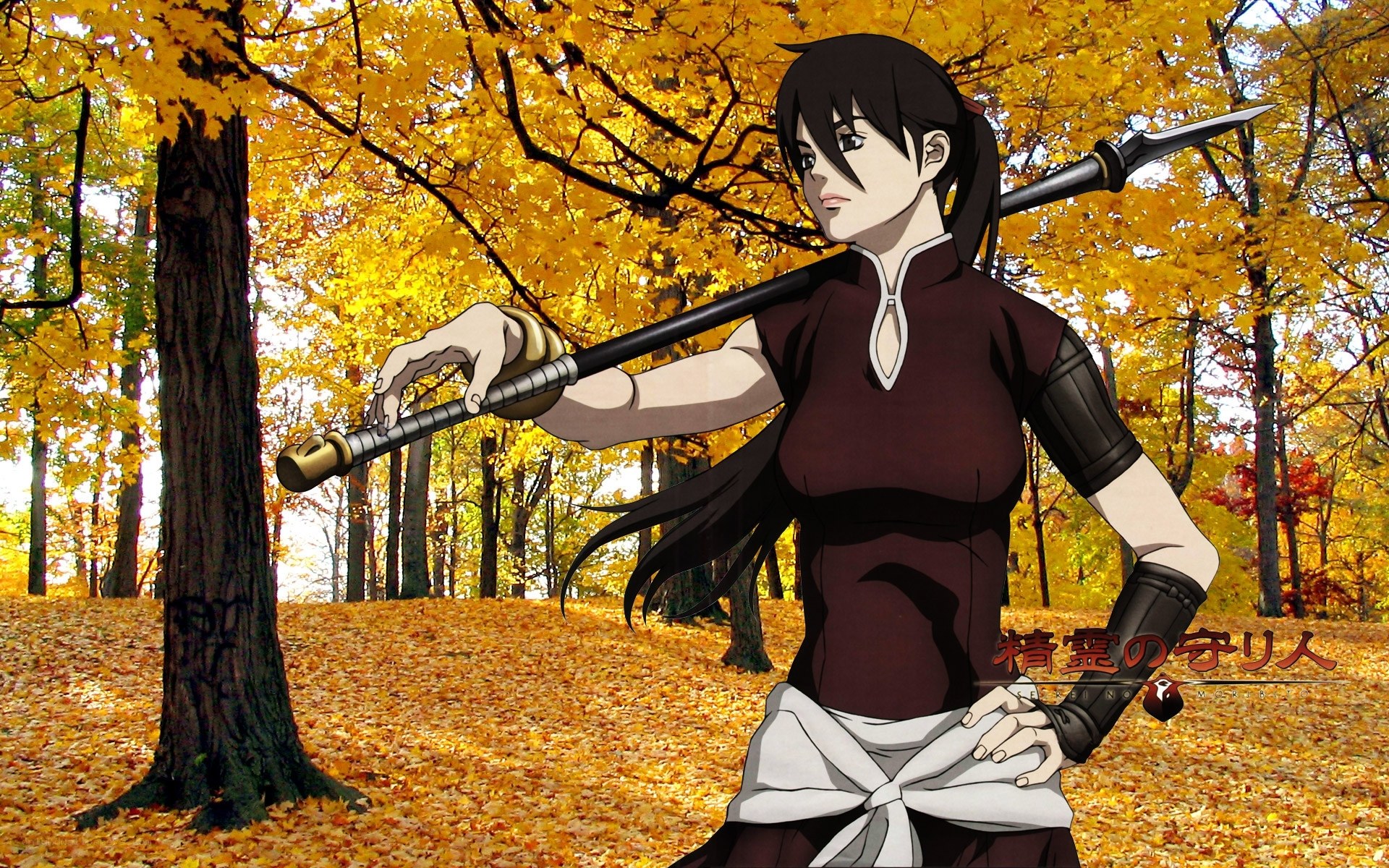 anime warrior in autumn forest