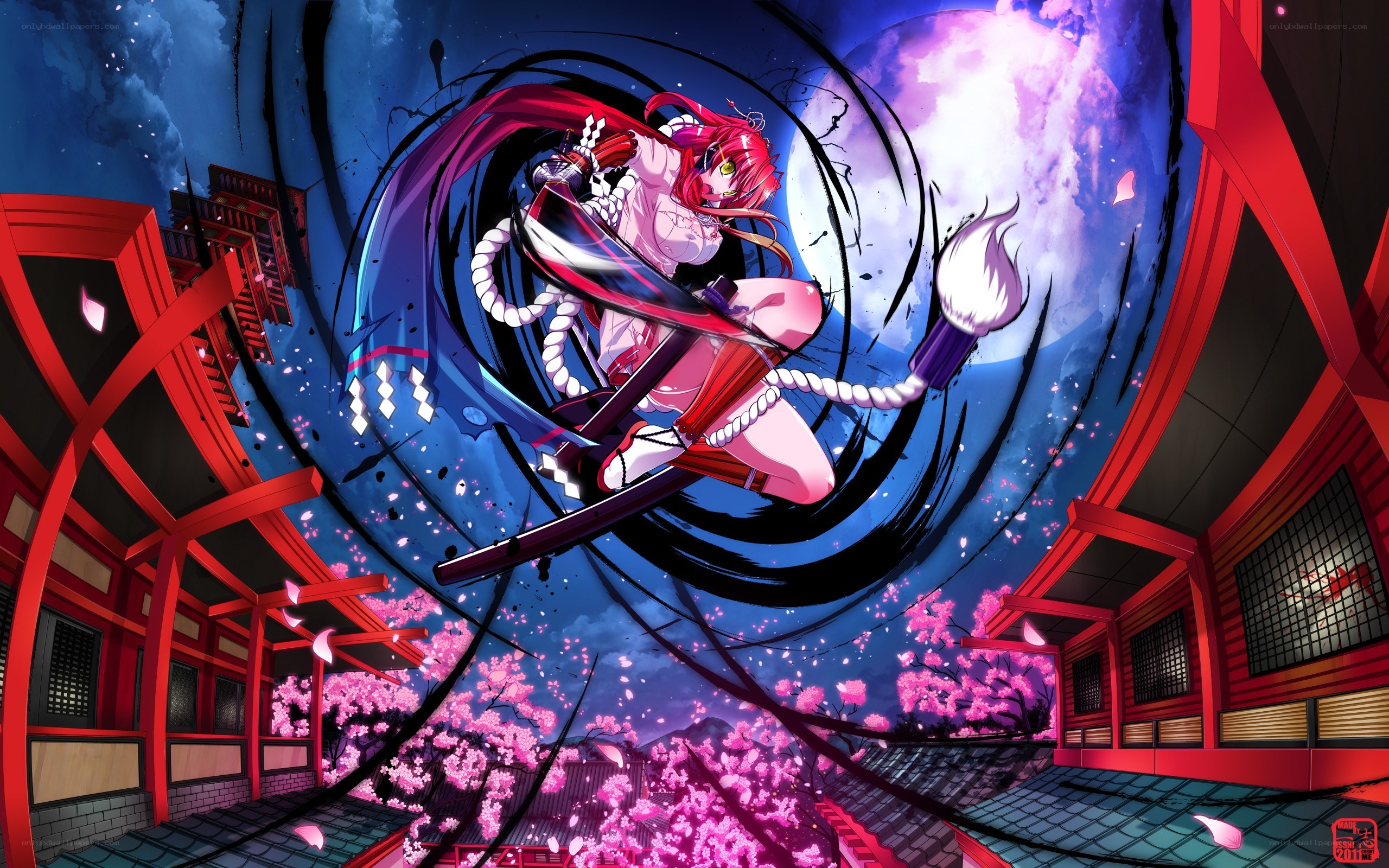 anime warrior in cherry blossom storm