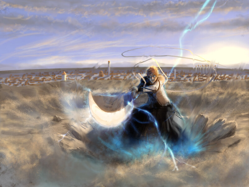 Anime warrior in desert battle