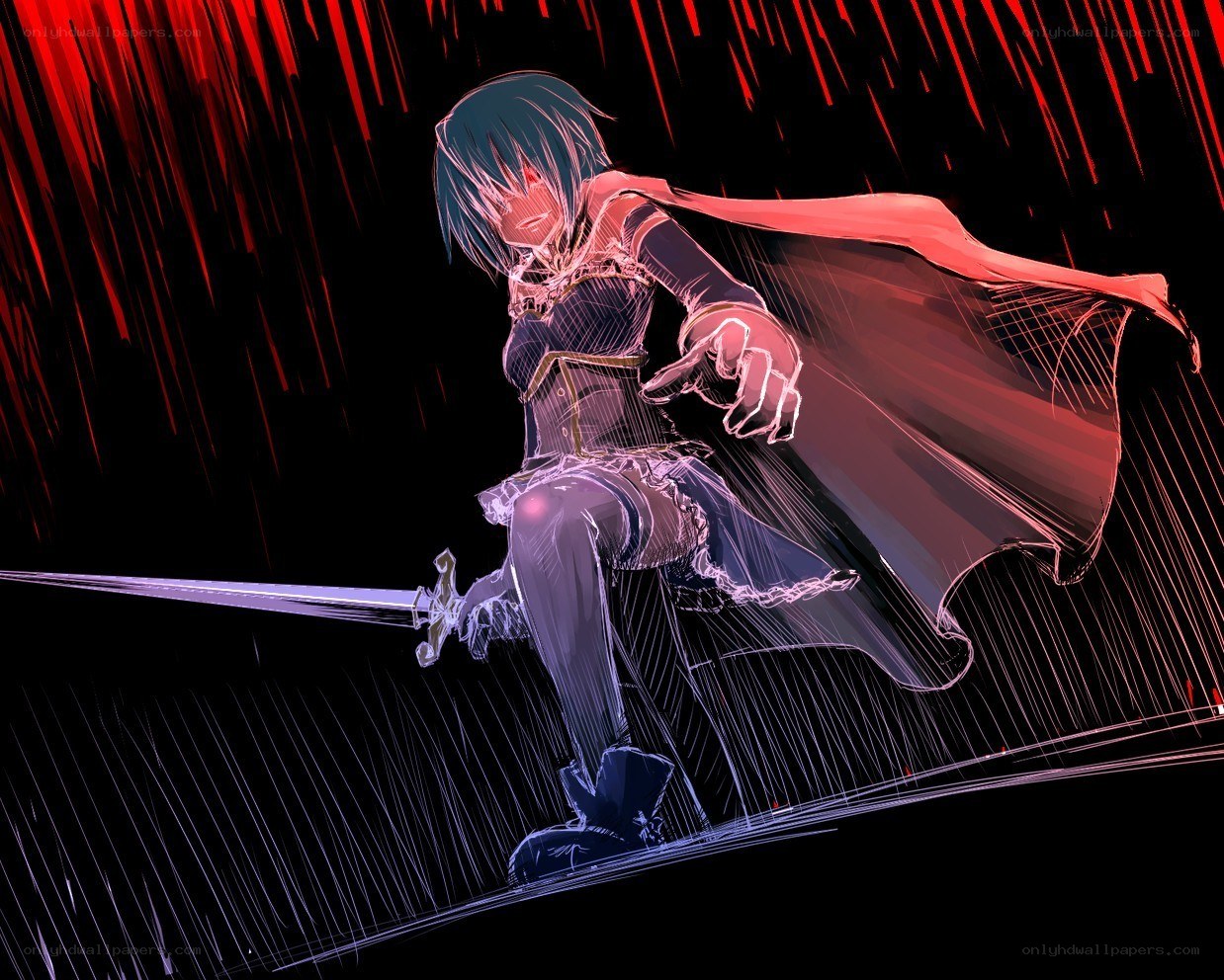anime warrior in red rain