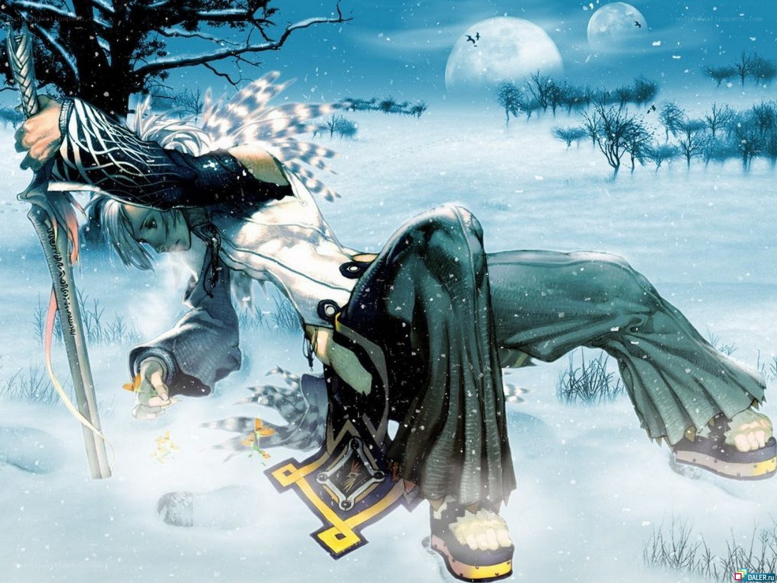 Anime warrior in snowy landscape