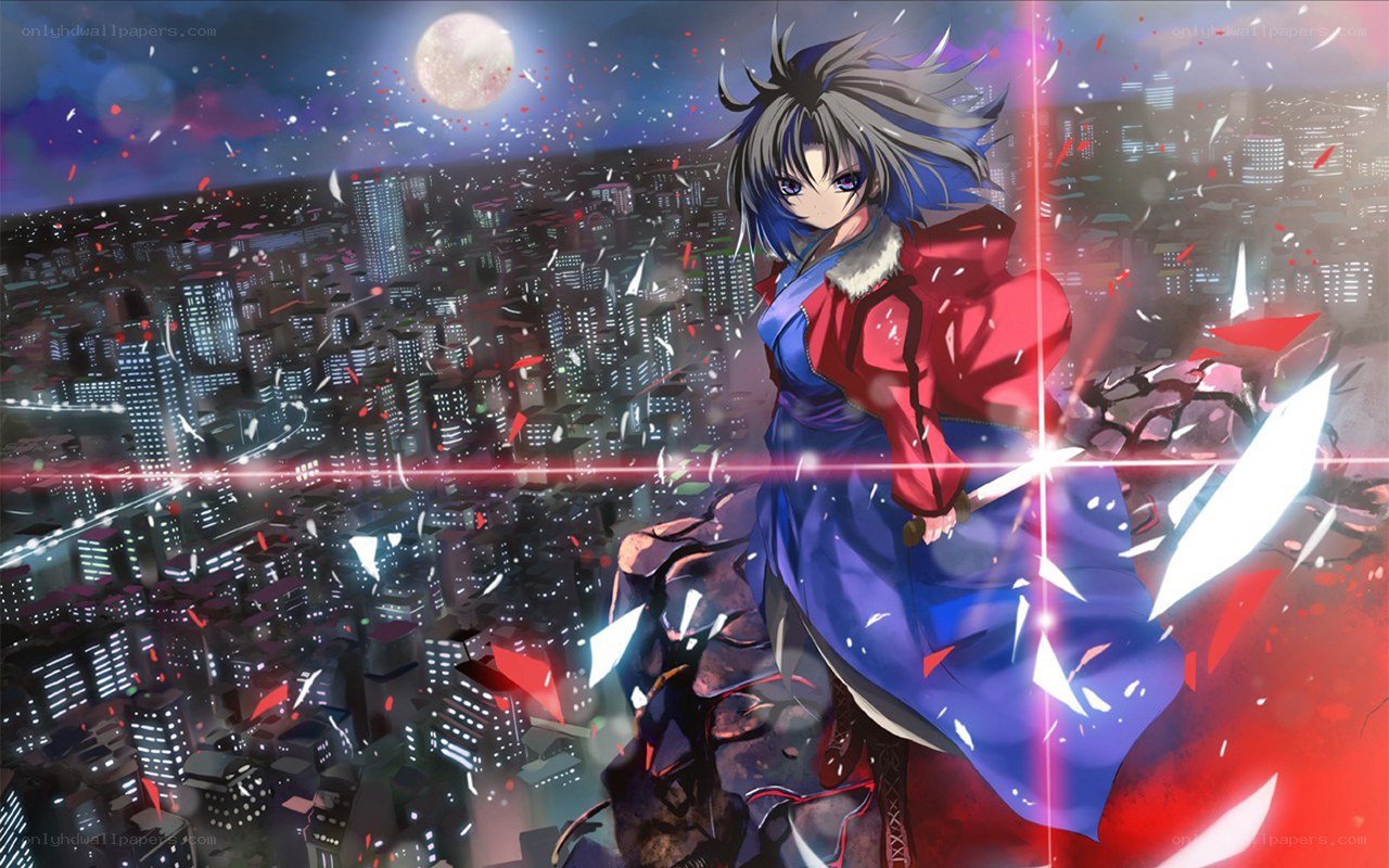 anime warrior over city