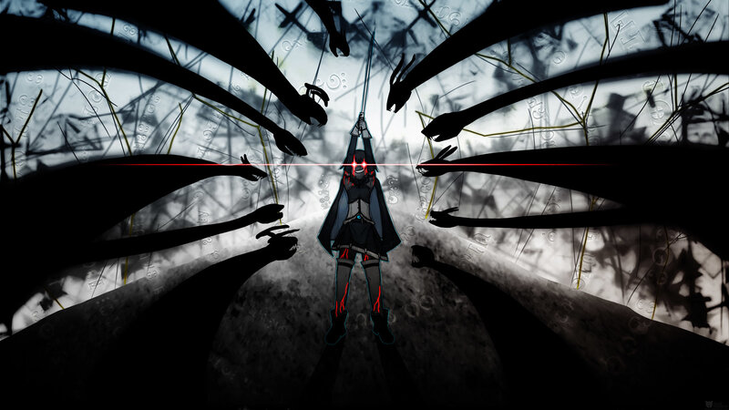 anime warrior surrounded by shadows