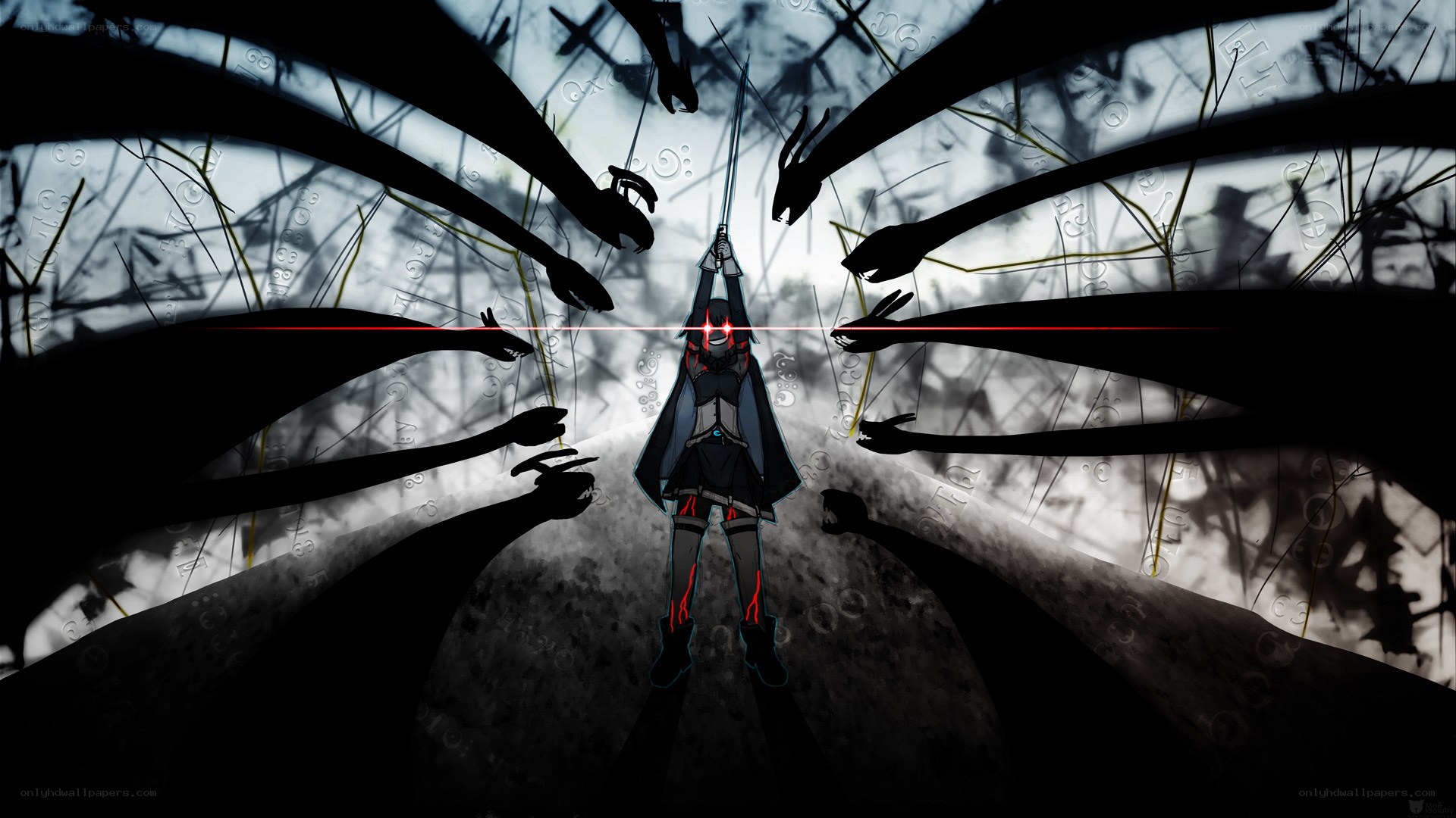 anime warrior surrounded by shadows