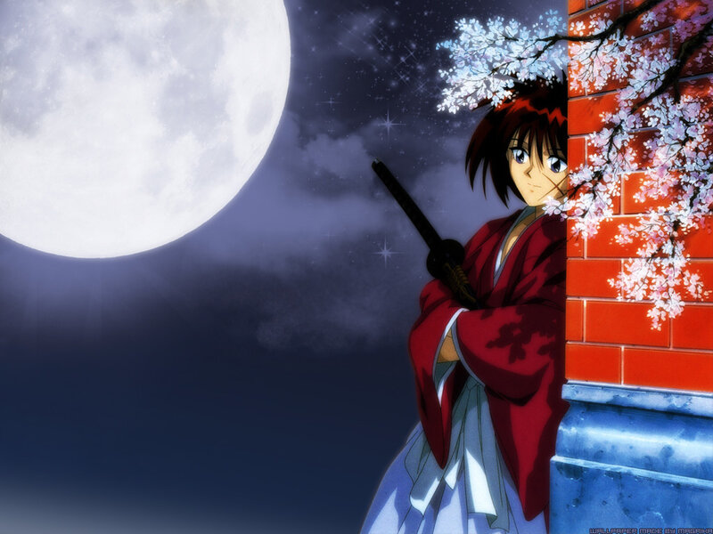 Anime warrior under moonlight