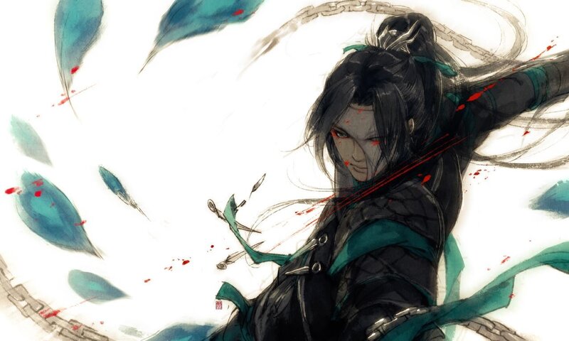 anime warrior with blood and feathers