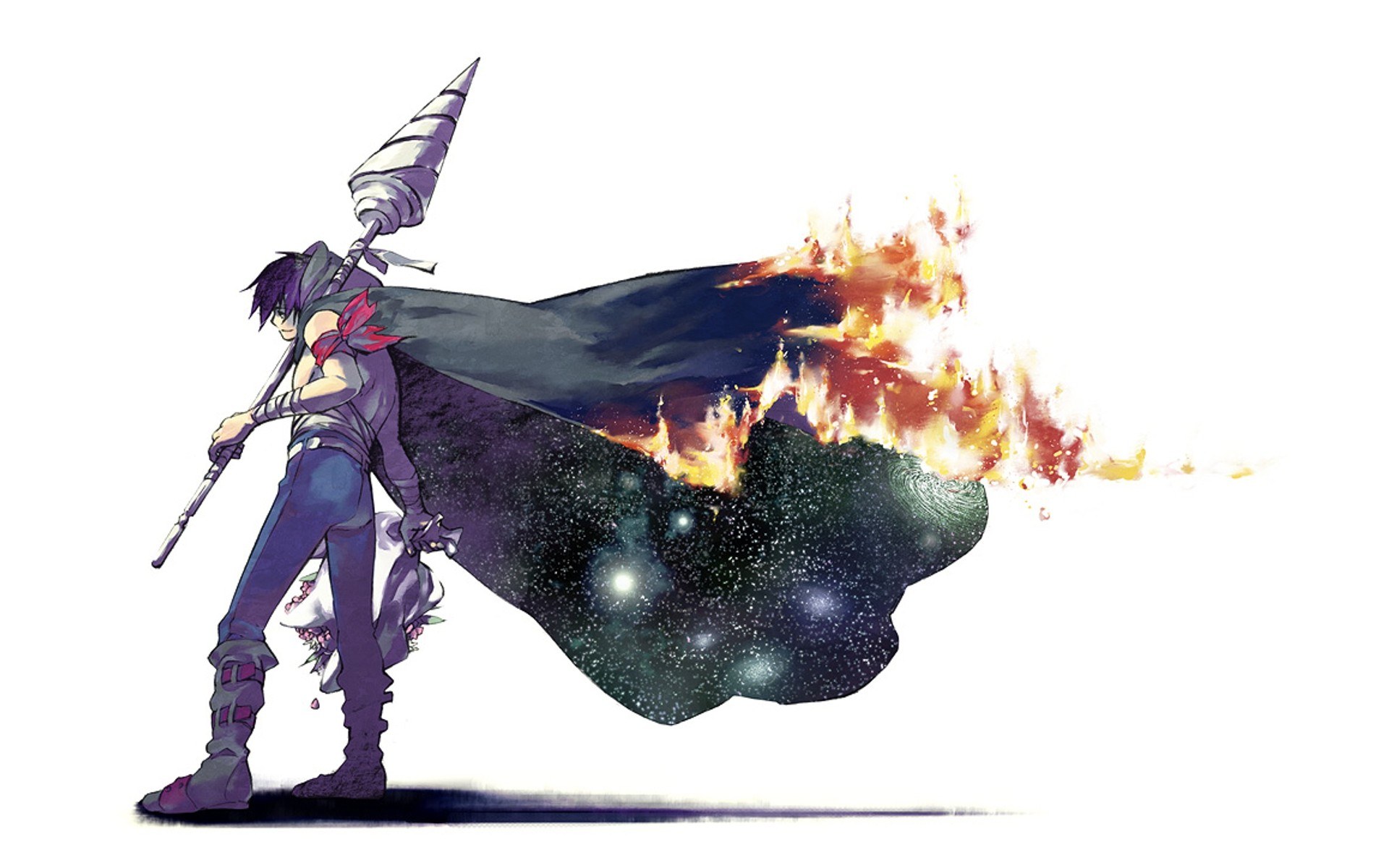 anime warrior with flaming cloak
