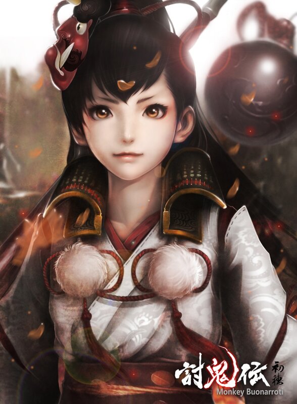Anime warrior with fox mask