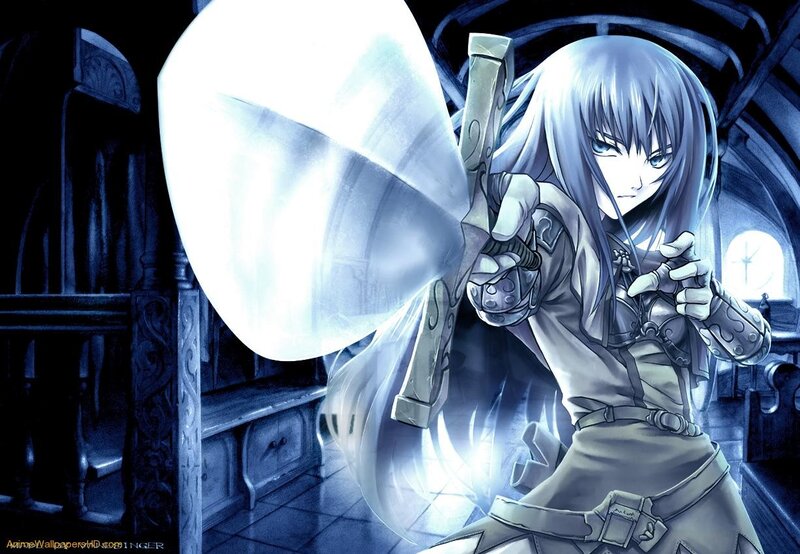 anime warrior with glowing shield