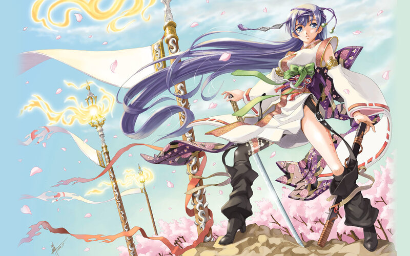 anime warrior with long purple hair