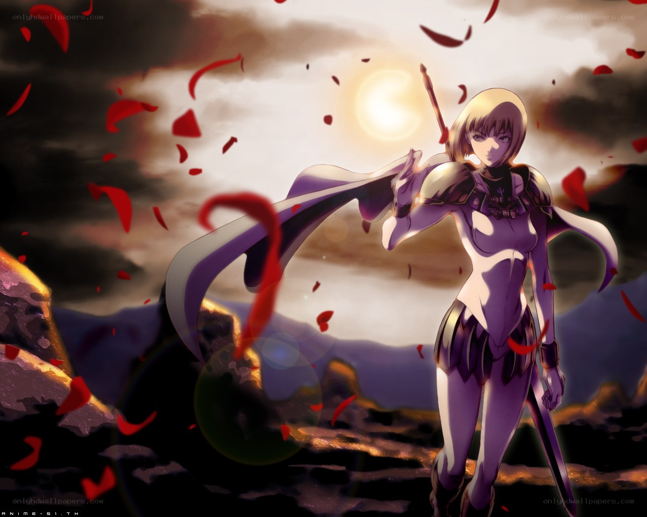 Anime warrior with red petals