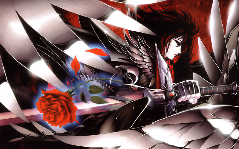 anime warrior with red rose