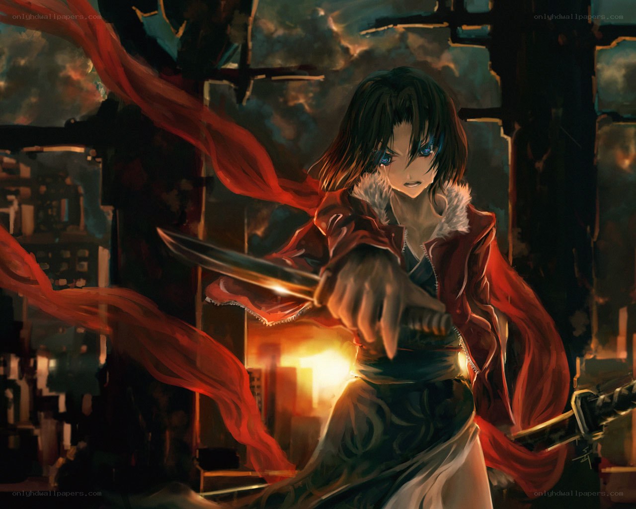 anime warrior with red scarf