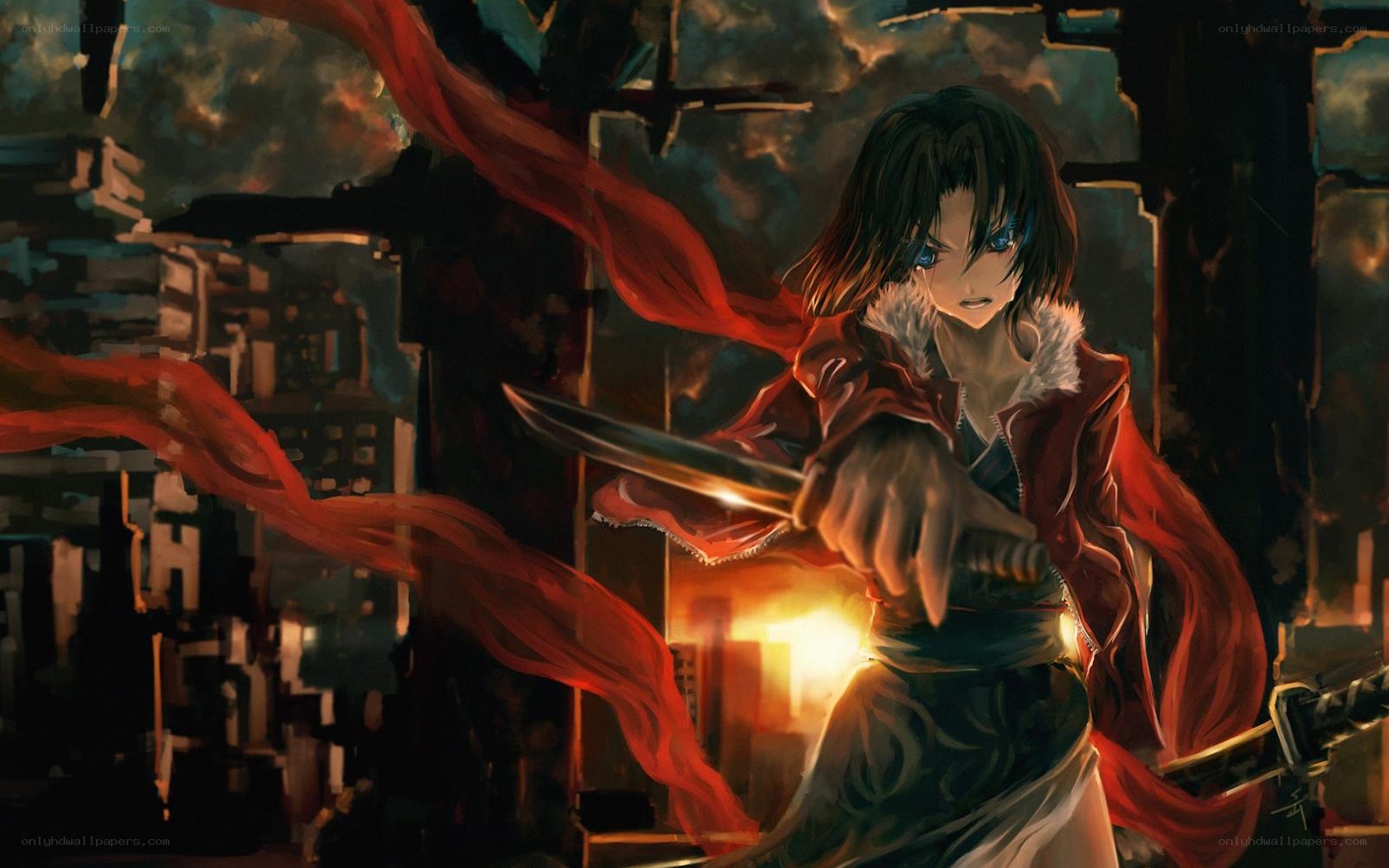 anime warrior with red scarf