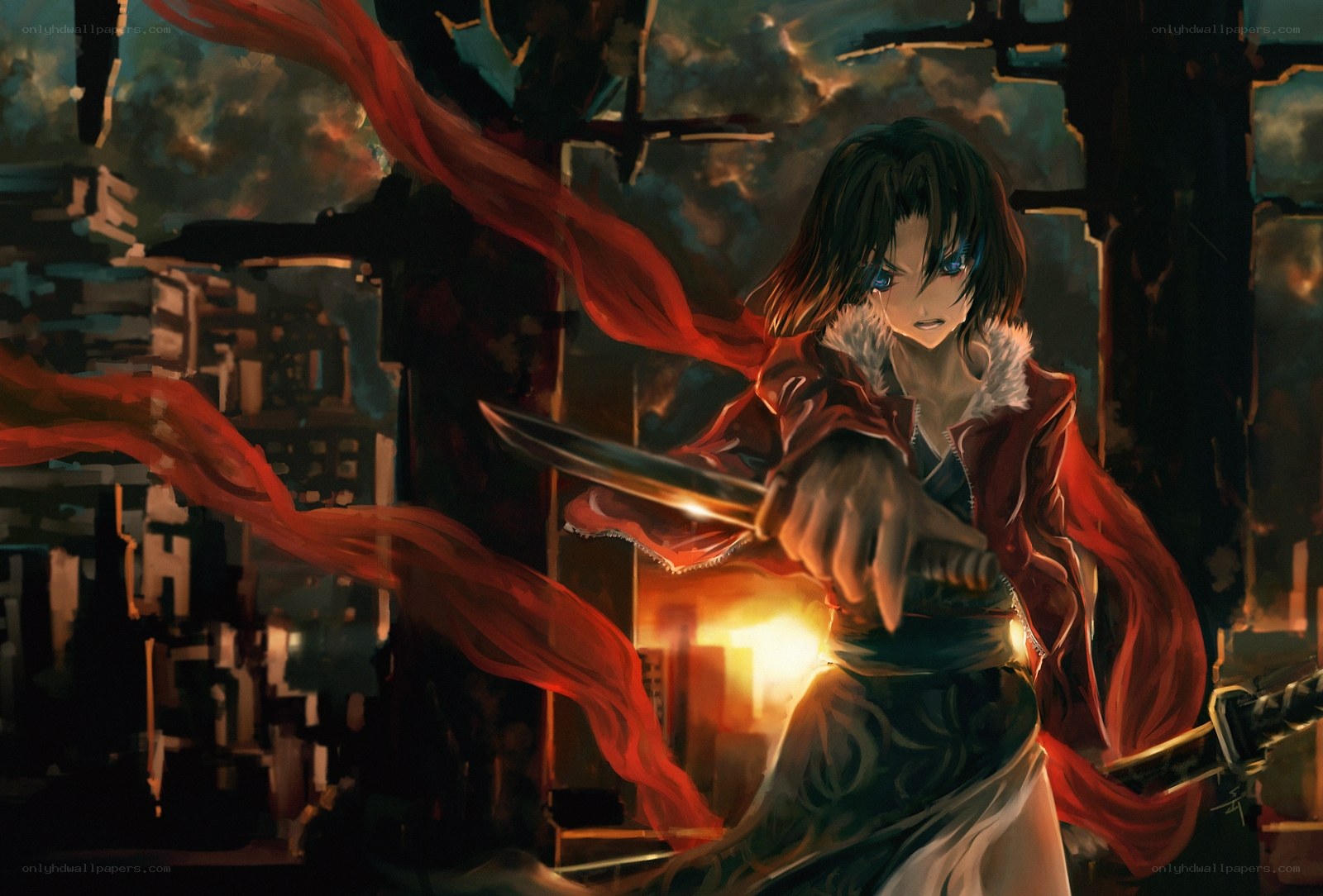anime warrior with red scarf